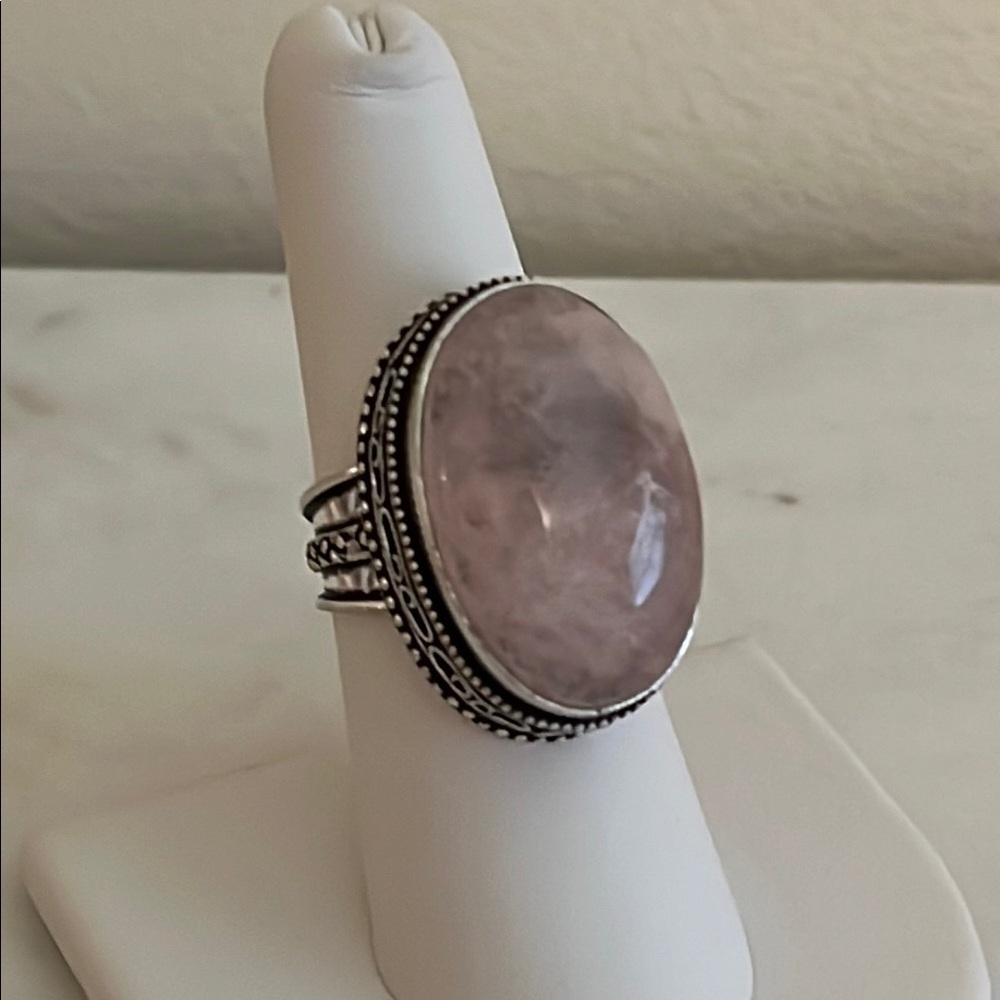 925 Sterling Silver Overlay Rose Quartz Gemstone Ring Size 7.75